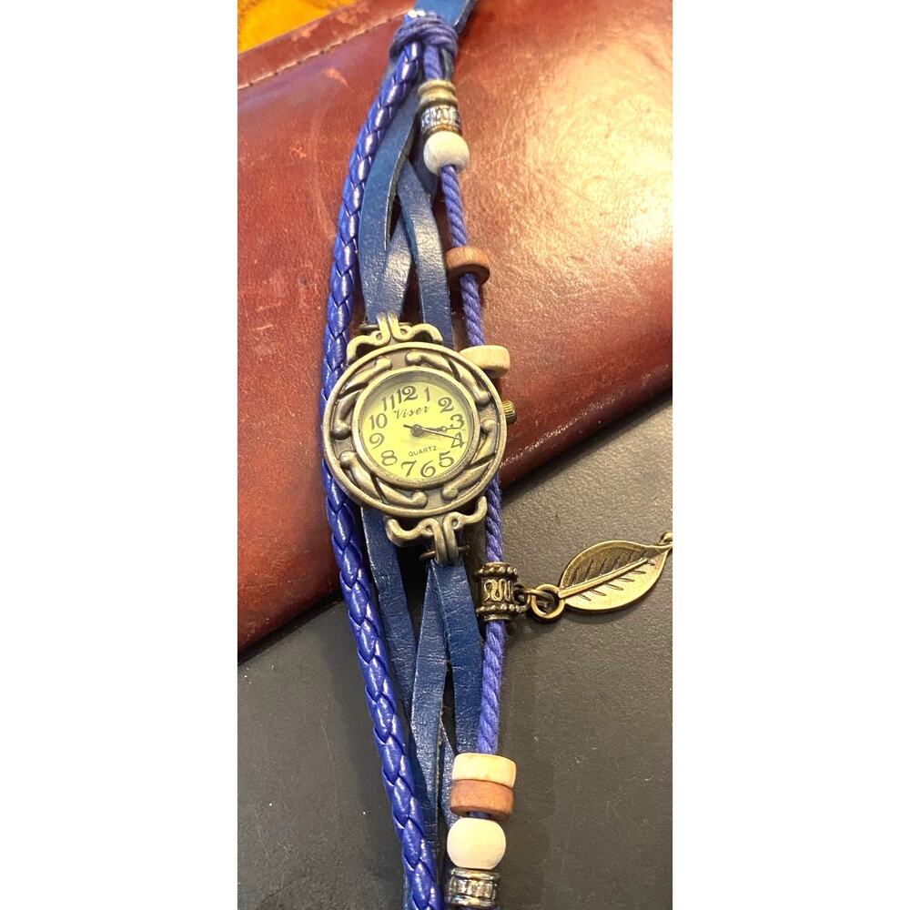 Women's Viser Watch, Bronze Tone with Leather and Beaded Band, Leaf Charm